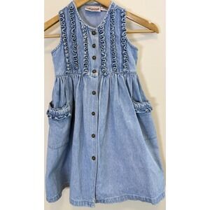 Vintage Storybook Heirlooms Girls Denim Dress Size 5 Ruffle Button Front Cotton